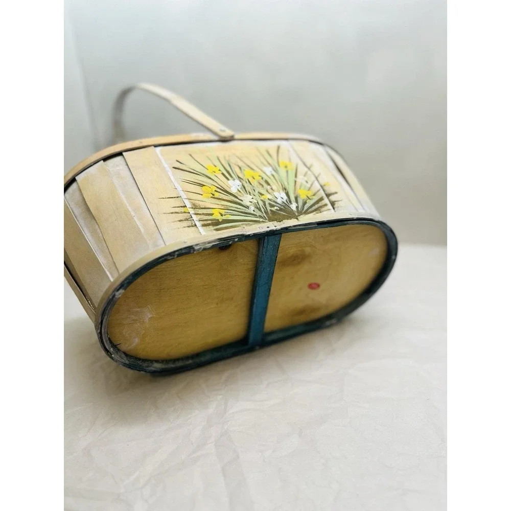Vintage Hand Painted Basket Yellow Floral Handle Large Whitewashed Split Wood